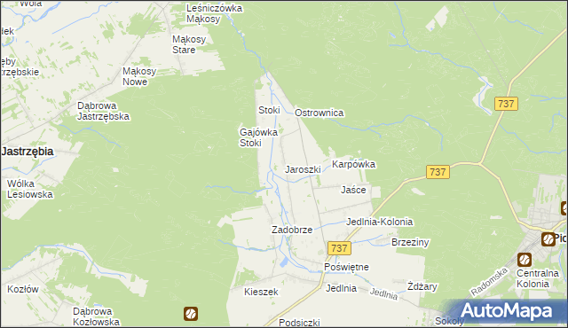 mapa Jaroszki gmina Pionki, Jaroszki gmina Pionki na mapie Targeo