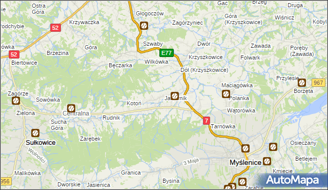 mapa Jawornik gmina Myślenice, Jawornik gmina Myślenice na mapie Targeo