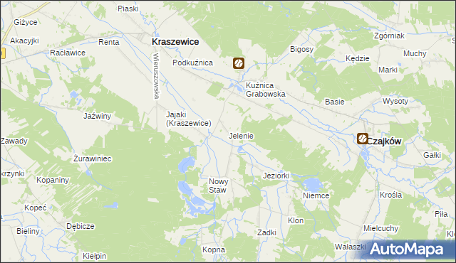 mapa Jelenie gmina Kraszewice, Jelenie gmina Kraszewice na mapie Targeo