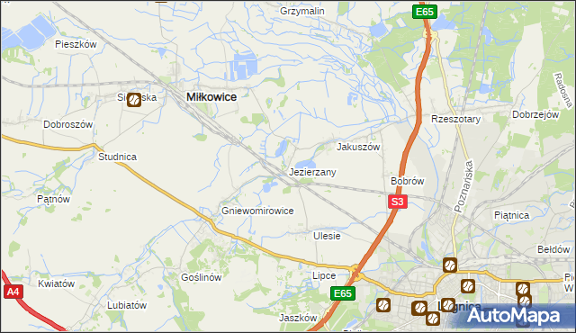 mapa Jezierzany gmina Miłkowice, Jezierzany gmina Miłkowice na mapie Targeo