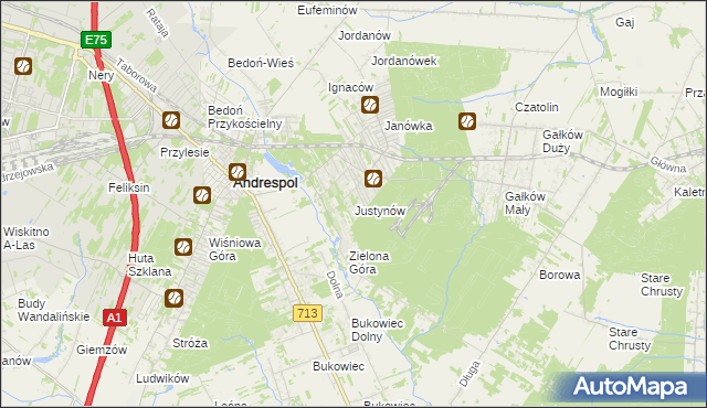 mapa Justynów gmina Andrespol, Justynów gmina Andrespol na mapie Targeo