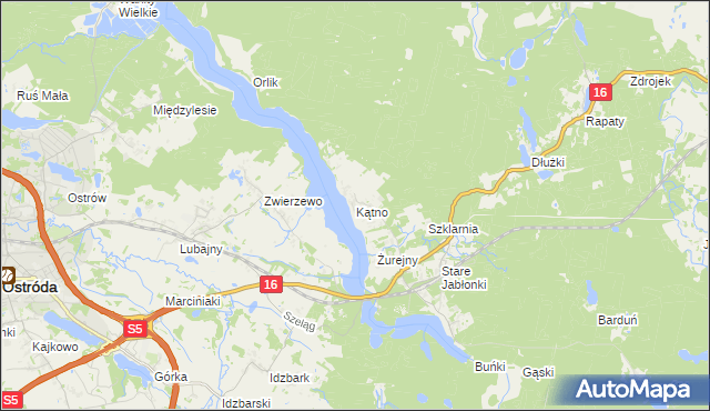 mapa Kątno gmina Ostróda, Kątno gmina Ostróda na mapie Targeo