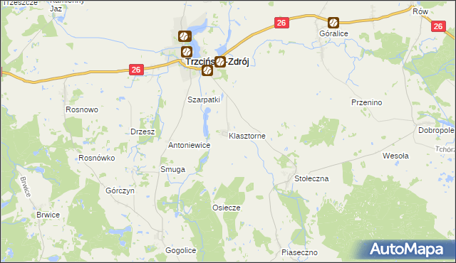 mapa Klasztorne gmina Trzcińsko-Zdrój, Klasztorne gmina Trzcińsko-Zdrój na mapie Targeo