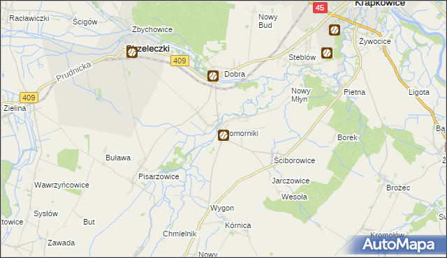 mapa Komorniki gmina Strzeleczki, Komorniki gmina Strzeleczki na mapie Targeo