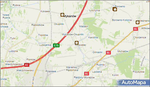 mapa Kościelec gmina Rędziny, Kościelec gmina Rędziny na mapie Targeo