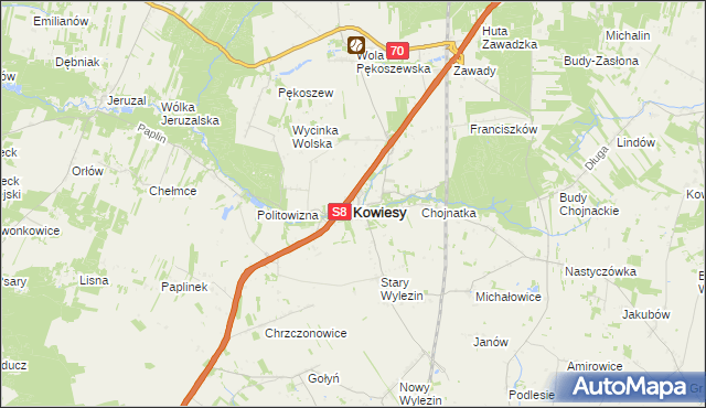 mapa Kowiesy powiat skierniewicki, Kowiesy powiat skierniewicki na mapie Targeo