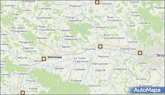 mapa Kożuchów gmina Wiśniowa, Kożuchów gmina Wiśniowa na mapie Targeo