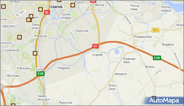 mapa Krępiec gmina Pruszcz Gdański, Krępiec gmina Pruszcz Gdański na mapie Targeo
