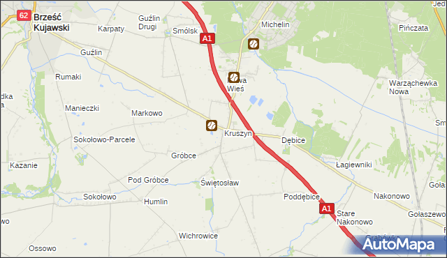 mapa Kruszyn gmina Włocławek, Kruszyn gmina Włocławek na mapie Targeo