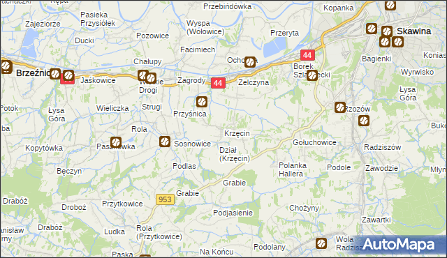 mapa Krzęcin gmina Skawina, Krzęcin gmina Skawina na mapie Targeo