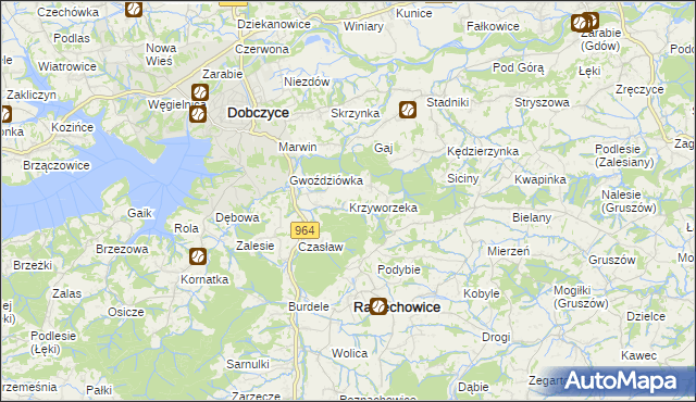 mapa Krzyworzeka gmina Raciechowice, Krzyworzeka gmina Raciechowice na mapie Targeo