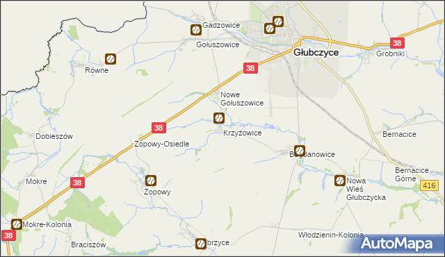mapa Krzyżowice gmina Głubczyce, Krzyżowice gmina Głubczyce na mapie Targeo