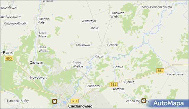 mapa Kuczyn gmina Klukowo, Kuczyn gmina Klukowo na mapie Targeo