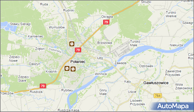 mapa Łęg gmina Połaniec, Łęg gmina Połaniec na mapie Targeo