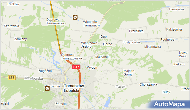 mapa Majdanek gmina Tomaszów Lubelski, Majdanek gmina Tomaszów Lubelski na mapie Targeo