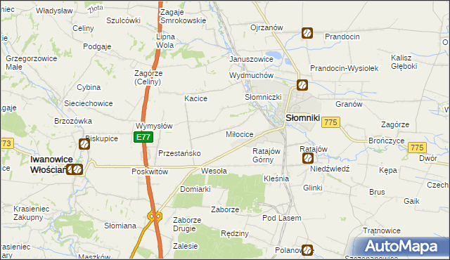 mapa Miłocice gmina Słomniki, Miłocice gmina Słomniki na mapie Targeo