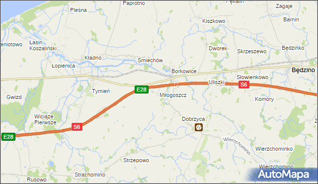 mapa Miłogoszcz gmina Będzino, Miłogoszcz gmina Będzino na mapie Targeo