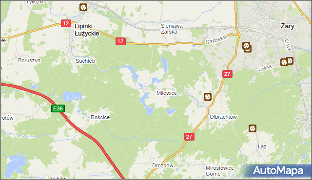 mapa Miłowice gmina Żary, Miłowice gmina Żary na mapie Targeo