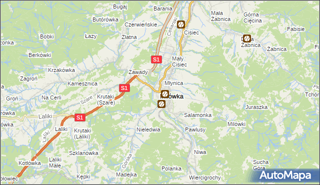 mapa Milówka powiat żywiecki, Milówka powiat żywiecki na mapie Targeo