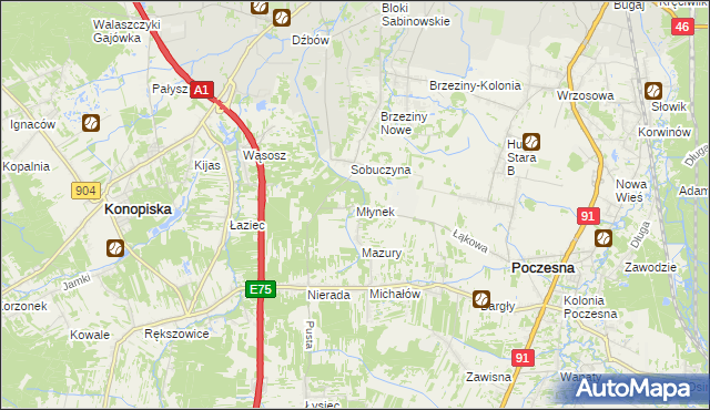 mapa Młynek gmina Poczesna, Młynek gmina Poczesna na mapie Targeo