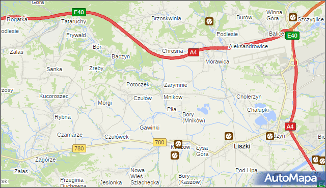 mapa Mników gmina Liszki, Mników gmina Liszki na mapie Targeo