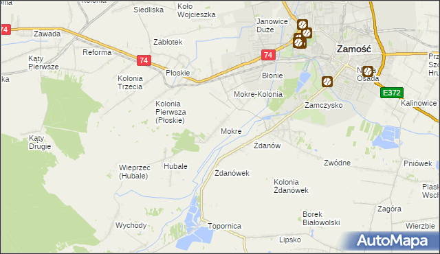 mapa Mokre gmina Zamość, Mokre gmina Zamość na mapie Targeo