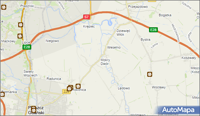 mapa Mokry Dwór gmina Pruszcz Gdański, Mokry Dwór gmina Pruszcz Gdański na mapie Targeo