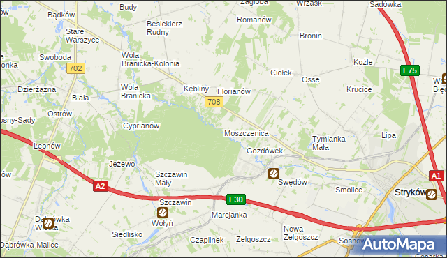 mapa Moszczenica gmina Zgierz, Moszczenica gmina Zgierz na mapie Targeo