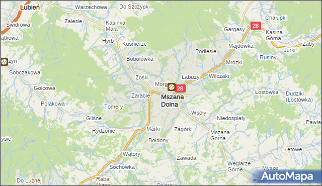 mapa Mszana Dolna, Mszana Dolna na mapie Targeo