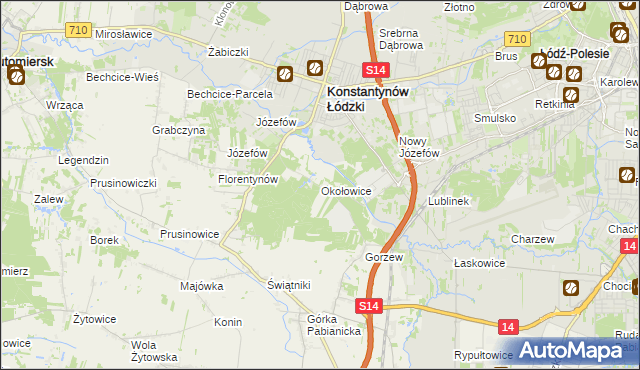 mapa Okołowice gmina Pabianice, Okołowice gmina Pabianice na mapie Targeo