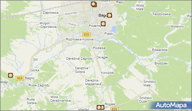 mapa Okrągłe gmina Biłgoraj, Okrągłe gmina Biłgoraj na mapie Targeo