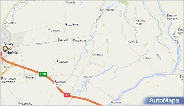 mapa Orliniec gmina Nowy Dwór Gdański, Orliniec gmina Nowy Dwór Gdański na mapie Targeo