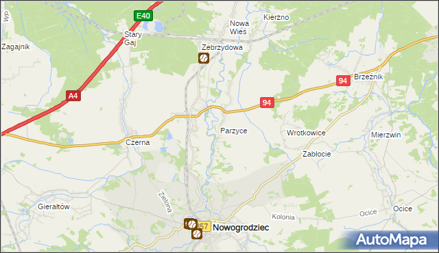 mapa Parzyce gmina Nowogrodziec, Parzyce gmina Nowogrodziec na mapie Targeo