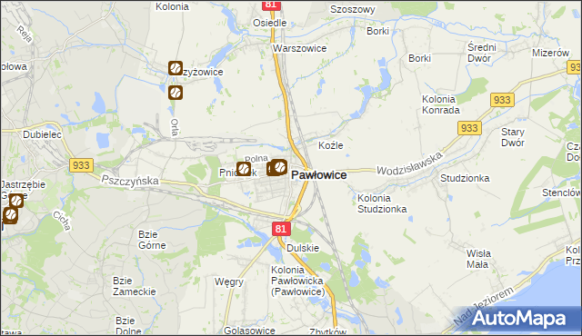 mapa Pawłowice powiat pszczyński, Pawłowice powiat pszczyński na mapie Targeo