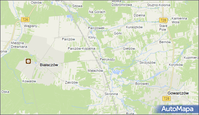 mapa Petrykozy gmina Białaczów, Petrykozy gmina Białaczów na mapie Targeo