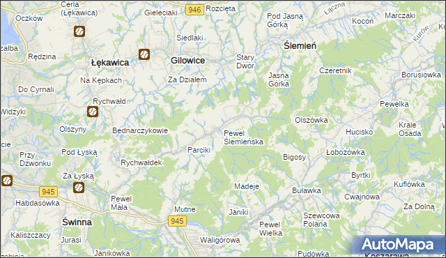 mapa Pewel Ślemieńska, Pewel Ślemieńska na mapie Targeo