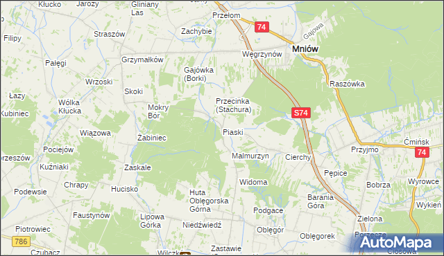 mapa Piaski gmina Mniów, Piaski gmina Mniów na mapie Targeo