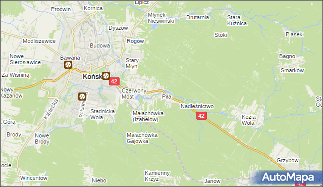 mapa Piła gmina Końskie, Piła gmina Końskie na mapie Targeo