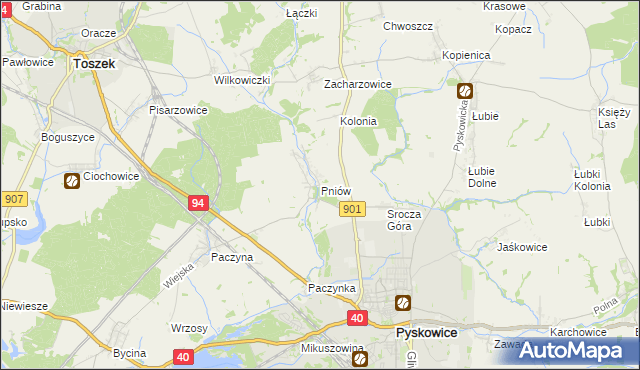 mapa Pniów gmina Toszek, Pniów gmina Toszek na mapie Targeo