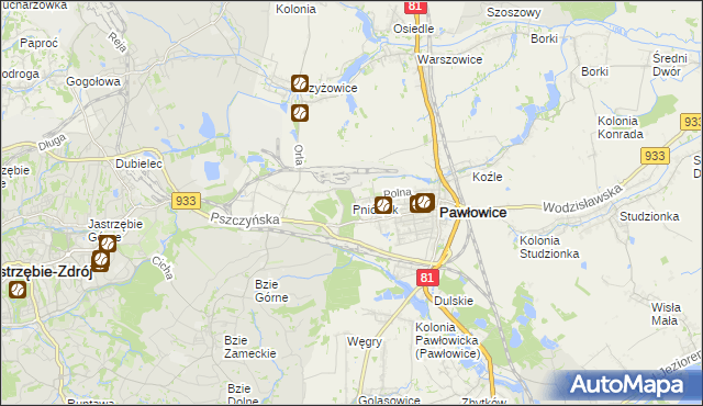 mapa Pniówek gmina Pawłowice, Pniówek gmina Pawłowice na mapie Targeo
