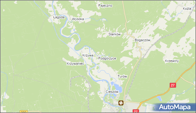 mapa Podgórzyce gmina Nowogród Bobrzański, Podgórzyce gmina Nowogród Bobrzański na mapie Targeo