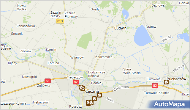 mapa Podzamcze gmina Łęczna, Podzamcze gmina Łęczna na mapie Targeo