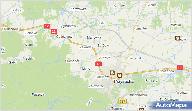 mapa Pomyków gmina Przysucha, Pomyków gmina Przysucha na mapie Targeo