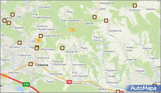 mapa Psary gmina Trzebinia, Psary gmina Trzebinia na mapie Targeo