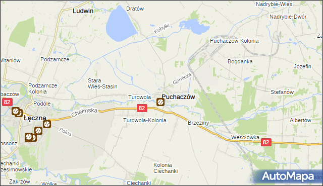 mapa Puchaczów powiat łęczyński, Puchaczów powiat łęczyński na mapie Targeo