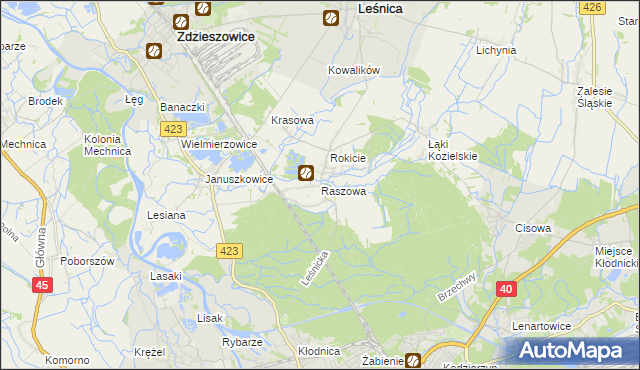 mapa Raszowa gmina Leśnica, Raszowa gmina Leśnica na mapie Targeo