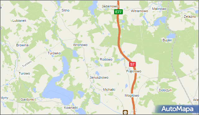 mapa Rodowo gmina Kozłowo, Rodowo gmina Kozłowo na mapie Targeo