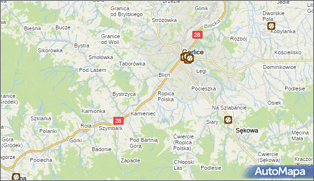 mapa Ropica Polska, Ropica Polska na mapie Targeo