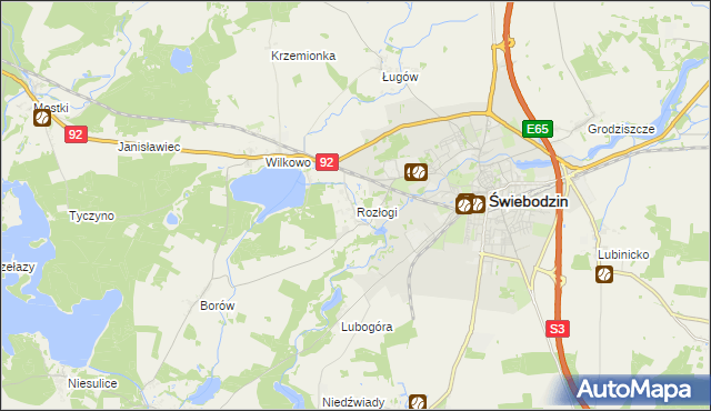 mapa Rozłogi gmina Świebodzin, Rozłogi gmina Świebodzin na mapie Targeo