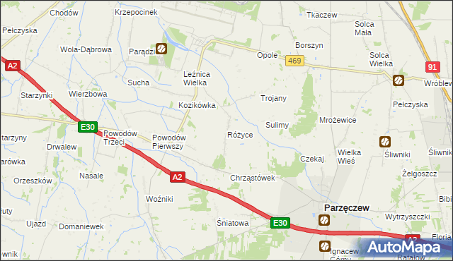 mapa Różyce gmina Parzęczew, Różyce gmina Parzęczew na mapie Targeo